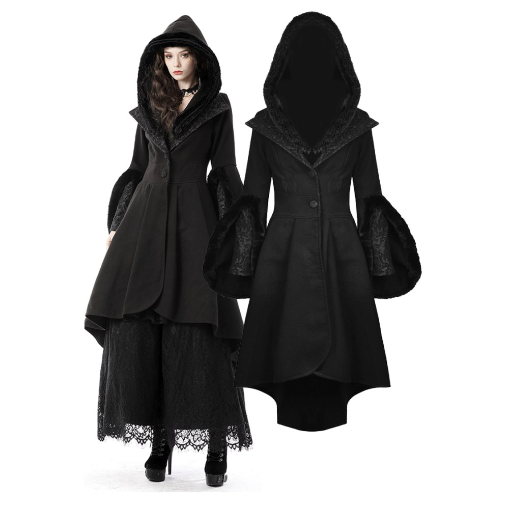 Dark in Love - Gothic lacy cocktail with lovely collar Winter coat - Black